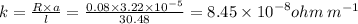k  = \frac{R \times a}{l}  =  \frac{0.08 \times 3.22 \times  {10}^{ - 5} }{30.48} = 8.45 \times  {10}^{ - 8} ohm \: m^{ - 1}