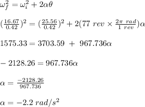 \omega _f^2 = \omega _i ^2 + 2\alpha \theta\\\\(\frac{16.67}{0.42} )^2 = (\frac{25.56}{0.42} )^2 + 2( 77 \ rev \times \frac{2 \pi \ rad}{1 \ rev} ) \alpha \\\\1575.33 = 3703.59 \ + \ 967.736 \alpha \\\\-2128.26 = 967.736 \alpha\\\\\alpha = \frac{-2128.26}{967.736} \\\\\alpha = - 2.2 \ rad/s^2