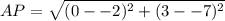 AP=\sqrt{(0--2)^{2} + {(3--7)^{2}  } \\