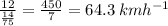 \frac{12}{ \frac{14}{75} }  =  \frac{450}{7}  = 64.3 \: km{h}^{ - 1}