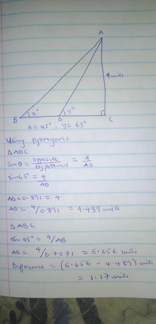 If x = 45, y = 63, and the measure of AC = 4 units, what is the difference in length between segment