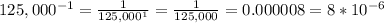 125,000^{-1} = \frac{1}{125,000^1} = \frac{1}{125,000} = 0.000008 = 8*10^{-6}