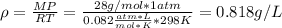 \rho =\frac{MP}{RT} =\frac{28g/mol*1atm}{0.082\frac{atm*L}{mol*K}*298K}= 0.818g/L