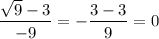 \dfrac{\sqrt{9}-3}{-9}=-\dfrac{3-3}{9}=0