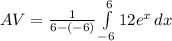 AV  =  \frac{1}{ 6 - (-6)}  \int\limits^{6}_{-6} { 12e^x} \, dx