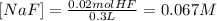 [NaF]=\frac{0.02molHF}{0.3L}=0.067M