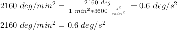 2160\ deg/min^2=\frac{2160\ deg}{1\ min^2*3600\ \frac{s^2}{min^2} }=0.6\ deg/s^2\\ \\2160\ deg/min^2=0.6\ deg/s^2