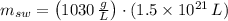 m_{sw}=\left(1030\,\frac{g}{L} \right)\cdot (1.5\times 10^{21}\,L)