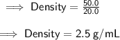 \sf \implies Density =  \frac{50.0}{20.0} \\  \\   \sf \implies Density =  2.5 \: g/mL