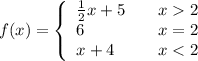 f(x) = \left\{        \begin{array}{lIl}            \frac{1}{2}x+5 & \quad x 2 \\            6& \quad x =2\\x +4&\quad x