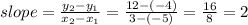 slope=\frac{y_2-y_1}{x_2-x_1} =\frac{12-(-4)}{3-(-5)} =\frac{16}{8} =2