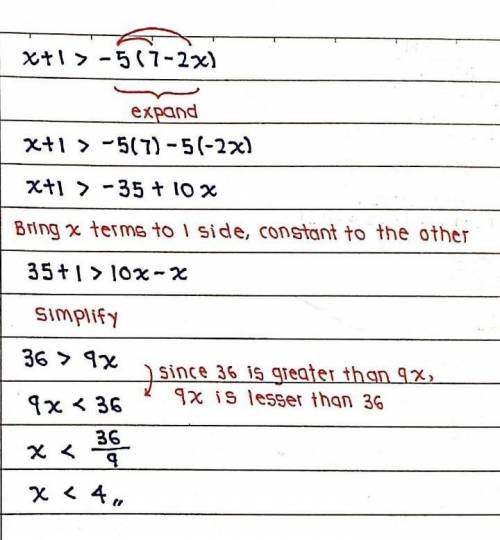 Solve: x + 1 > -5 (7-2x)
