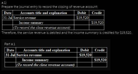 The income statement for the Kingbird, Inc. for the month ended July 31 shows Service Revenue $19,52