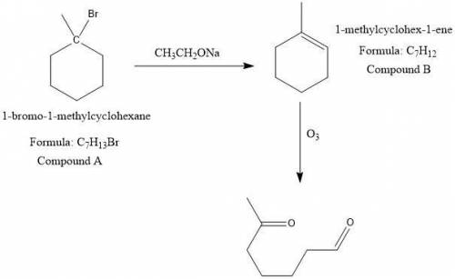 Compound A, C7H13Br, is a tertiary alkyl bromide. On treatment with CH3CH2ONa, A is converted into B