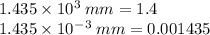 1.435 \times 10^3 \:mm = 1.4\m\\1.435 \times 10^-^3\: mm = 0.001435\m