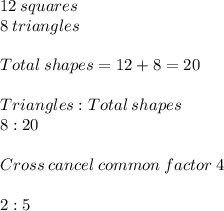 12\:squares\\8\:triangles\\\\Total\:shapes =12+8 =20\\\\Triangles: Total\:shapes\\8 : 20\\\\Cross\:cancel\:common\:factor\:4\\\\2 :5