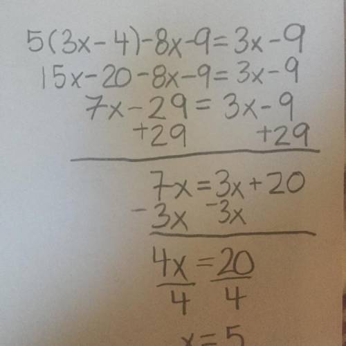 10) Simplify and Solve (Show Work):

5(3X -4) - 8X-9 = 3x -9
a) X = -5
b)X = 3
13
c)X = -
d) X = 5
W