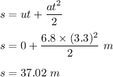 s=ut+\dfrac{at^2}{2}\\\\s=0+\dfrac{6.8\times (3.3)^2}{2}\ m\\\\s=37.02\ m