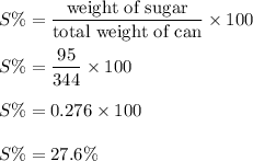 S\%=\dfrac{\text{weight of sugar}}{\text{total weight of can}}\times 100\\\\S\%=\dfrac{95}{344}\times 100\\\\S\%=0.276\times 100\\\\S\%=27.6\%
