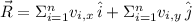 \vec{R} = \Sigma_{i=1}^{n} v_{i,x}\,\hat{i}+\Sigma_{i=1}^{n}v_{i,y} \,\hat{j}