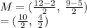 M  =  (\frac{12 - 2}{2} , \:  \frac{9 - 5}{2} ) \\  = ( \frac{10}{2} , \:  \frac{4}{2} )