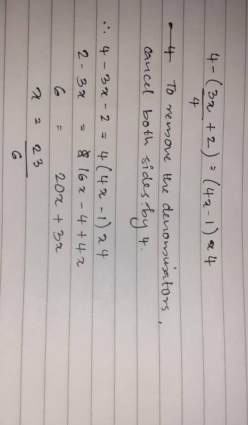 Solve the equation 4-(3x/4+2)=(4x-1)x4
