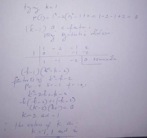 There are three values of k for which P(x) = x^3 − 2x^2 − x + 2 divided by (x − k) gives a remainder
