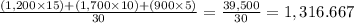 \frac{(1,200 \times 15) + (1,700 \times 10) + (900 \times 5)}{30} = \frac{39,500}{30} = 1,316.667