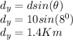 d_{y}=d sin(\theta)\\d_{y}=10 sin(8^0)\\d_{y}=1.4 Km