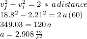 v_f^2-v_i^2=2\,*\,a\, distance\\18.8^2-2.21^2=2\,a\,(60)\\349.03=120\,a\\a=2.908\,\frac{m}{s^2}