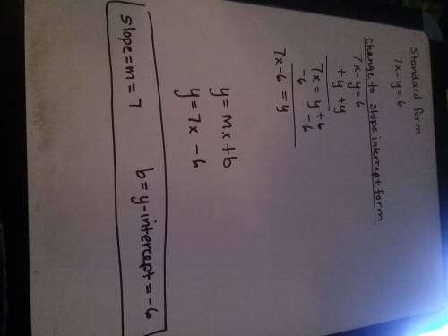 Find the slope and the y intercept of the line 7x-y=6