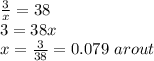 \frac{3}{x}=38\\&#10;3=38x\\&#10;x=\frac{3}{38}=0.079\ arout