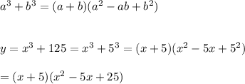 a^3+b^3=(a+b)(a^2-ab+b^2)\\\\\\y=x^3+125=x^3+5^3=(x+5)(x^2-5x+5^2)\\\\=(x+5)(x^2-5x+25)