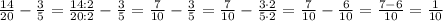 \frac{14}{20}-\frac{3}{5}=\frac{14:2}{20:2}-\frac{3}{5}=\frac{7}{10}-\frac{3}{5}=\frac{7}{10}-\frac{3\cdot2}{5\cdot2}=\frac{7}{10}-\frac{6}{10}=\frac{7-6}{10}=\frac{1}{10}
