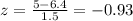 z = \frac{5-6.4}{1.5}=-0.93