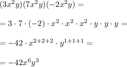 (3x^2y)(7x^2y)(-2x^2y)=\\ \\=3\cdot 7\cdot (-2)\cdot x^2\cdot x^2\cdot x^2 \cdot y \cdot y \cdot y=\\ \\= -42\cdot x^{2+2+2}\cdot y^{1+1+1}=\\ \\=-42x^6y^3