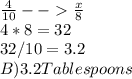 \frac{4}{10} --  \frac{x}{8} &#10; \\ 4*8=32&#10; \\ 32/10=3.2&#10; \\ B)3.2 Tablespoons