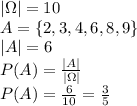 |\Omega|=10\\&#10;A=\{2,3,4,6,8,9\}\\&#10;|A|=6\\&#10;P(A)=\frac{|A|}{|\Omega|}\\&#10;P(A)=\frac{6}{10}=\frac{3}{5}