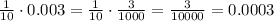 \frac{1}{10} \cdot 0.003=\frac{1}{10} \cdot \frac{3}{1000}= \frac{3}{10 000}=0.0003