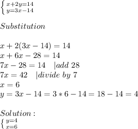 \left \{ {{x+2y=14} \atop {y=3x-14}} \right.\\\\Substitution\\\\&#10;x+2(3x-14)=14\\&#10;x+6x-28=14\\&#10;7x-28=14\ \ \ | add\ 28\\&#10;7x=42\ \ \ | divide\ by\ 7\\x=6\\&#10;y=3x-14=3*6-14=18-14=4\\\\Solution:\\ \left \{ {{y=4} \atop {x=6}} \right.