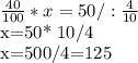 \frac{40}{100}*x=50 /: \frac{4}{10} &#10;&#10;x=50* 10/4&#10;&#10;x=500/4=125 &#10;&#10;
