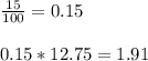 \frac{15}{100}=0.15 \\  \\ 0.15*12.75=1.91