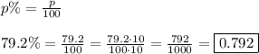 p\%=\frac{p}{100}\\\\79.2\%=\frac{79.2}{100}=\frac{79.2\cdot10}{100\cdot10}=\frac{792}{1000}=\boxed{0.792}