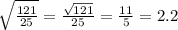 \sqrt{\frac{121}{25}} = \frac{\sqrt{121}}{25}} = \frac{11}{5} = 2.2