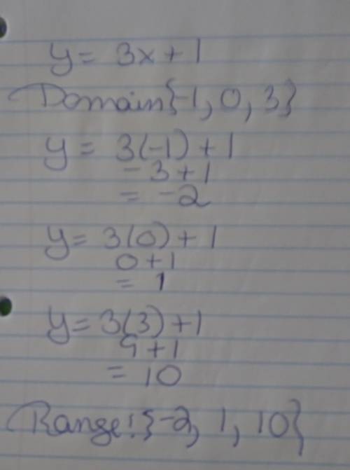 4. Find the range of the relation y = 3x + 1 for the domain -1,0,3).