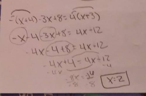 -(x + 4) – 3x + 8 = 4(x – 3)