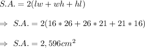 S.A.=2(lw+wh+hl)\\\\\Rightarrow\ S.A.=2(16*26+26*21+21*16)\\\\\Rightarrow\ S.A.=2,596 cm^2