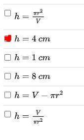The formula for the volume V of a cylinder is , where r is the radius of the base and h is the heigh