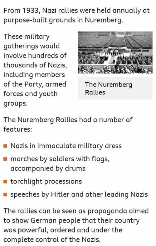 Giving brainliest Questions

a Describe how the atmosphere at a Nazi rally
was built up.
b. What eff