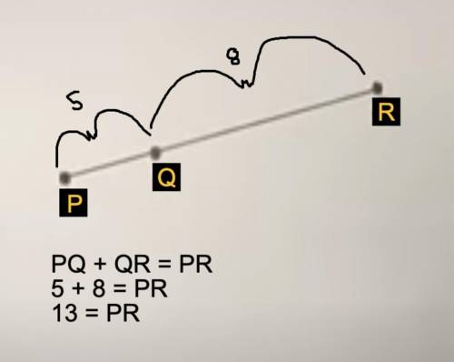 Point Q is on line segment PR.Given
PQ = 5 and QR = 8, determine the
length PR.
PR